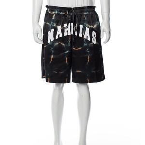 NEW NAHMIAS Spellout Basketball Shorts Silk Tie Dye Graphic Print Sz Small Black